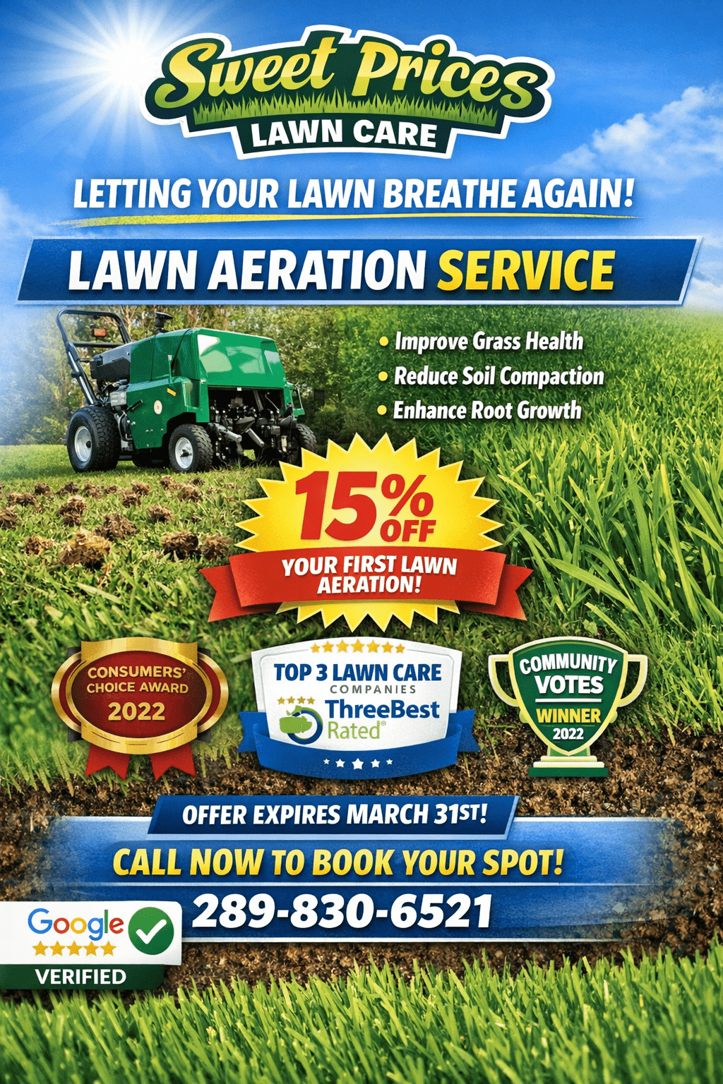 Lawn Aeration Promotion — 15% Off Seasonal Package or Free Aeration